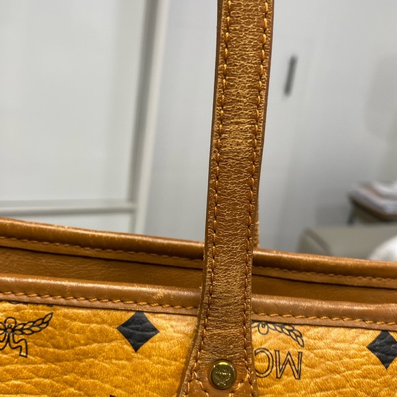 MCM #H5822 Vintage Visetos Blue Stripes Monogram Small Tote Bag  EUC Cognac - Picture 14 of 16